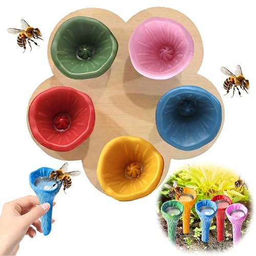5 PCS Bee Watering Station, Bee Revival Kit, Bee Water Feeder, Colorful Bee Drinking Cups, Floating Bee Island with Wooden Base, Bee Feeder for Garden Decor and Bee Protection