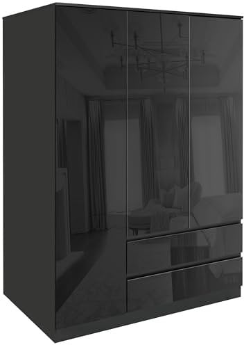 Blisswood High Gloss 3 Door Wardrobe Black With Shelf & 2 Drawer Storage and Hanging Rail, MDF Wooden Double Wardrobe Large Cupboard Bedroom Storage Furniture For Bedroom