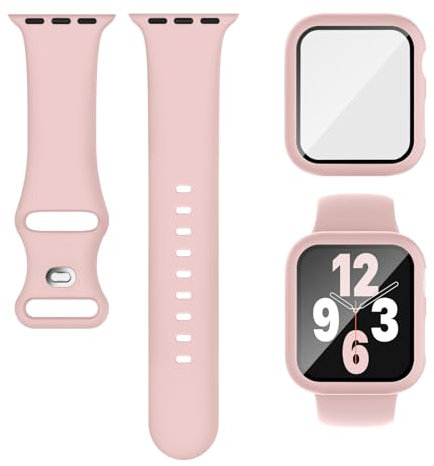 3-IN-1 Kompatibel für Apple Watch Armband mit Hülle und Displayschutz 40mm 41mm 44mm 45mm, Weich Silikon Sport Band + Gehäuse Mit Glas Kompatibel für iWatch Series SE 9 8 7 6 5 4 Damen Herren Rosa