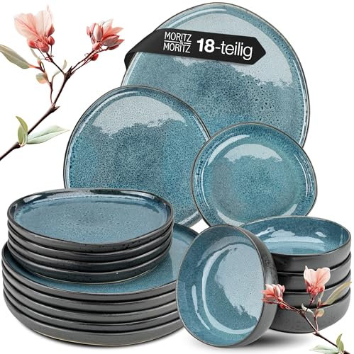 Moritz & Moritz ORGANIC 18-teiliges Geschirrset 6 Personen Blau - Elegantes Teller Set aus hochwertigem Steinzeug - Geschirr Set 6 Personen aus 6x Dinnerteller, 6x Dessertteller, 6x Suppenteller