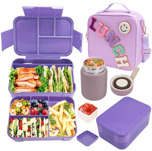 Preppy Lunch Box for Girls with 10oz Thermo, with 6 Compartment Bento Box, Purple Nylon Insulated Lunch Bag Adjustable Strap for Girl Kids Teens School Travel Picnic