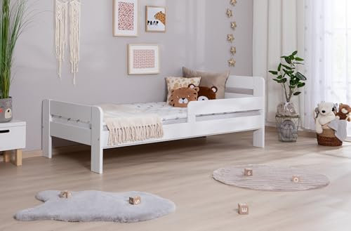 TiCAA Einzelbett Kinderbett Jugendbett, Bennet mit Rausfallschutz & Lattenrost für Schlafzimmer, Kinderzimmer Kiefer Massivholz Bettgestell 90/120 x 200 cm