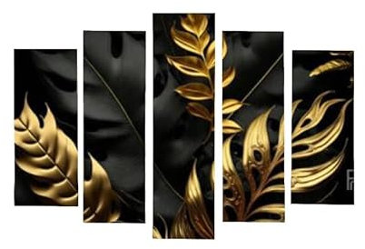 AREDE 5er Set Wandkunst Gemälde Bild Poster Tropische Blätter in Schwarz und Gold | 120 x 80 cm | Wandbilder Wanddekoration Home Office Wohnzimmer Schlafzimmer Dekoration | Fertig zum Aufhängen