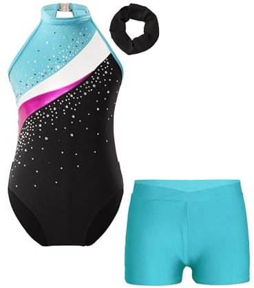 TTAO Gymnastikanzug Kinder Mädchen Ärmellos Turnanzug Trikotanzug Tanz Gymnastik Training Dancewear Gymnastikbody mit Haarband und Shorts blauer See A 122-128