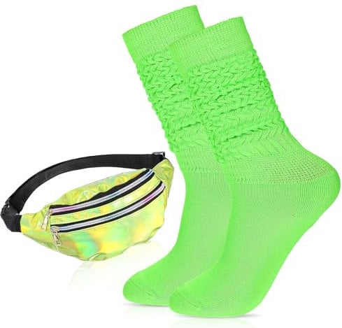 Bauchtasche Neon Slouch Socken Set, 80er 90er Jahre Gürteltasche Damen Grün Thermosocken 80er Jahre Party Karneval Neon Outfit Damen Bauchtasche Lässige Socken Retro Punk Streetwear