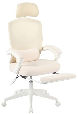Realspace® Vallori Mesh/Fabric High-Back Chair with Retractable Footrest, Cream/White, BIFMA Compliant