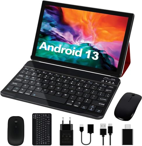 GOODTEL New Tablet 10 Pulgadas Android 13 con 10GB RAM 64GB ROM (TF 1TB), WiFi 6(5G+2.4G), Bluetooth 5.0, Type-C, 6000 mAh, 8MP+5MP, con Funda, Teclado, Mouse(Rojo)