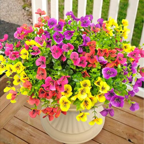 Mutcolor Pensamientos de flores artificiales para exteriores, 12 paquetes de plantas de plástico sintético de seda sintética, resistentes a los rayos UV, para el hogar, exterior, jardín, puerta