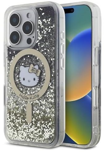 CG MOBILE Hello Kitty HKHMP16LLGDIK Case for iPhone 16 Pro 6.3 Inch Black and Gold Liquid Glitter Fever