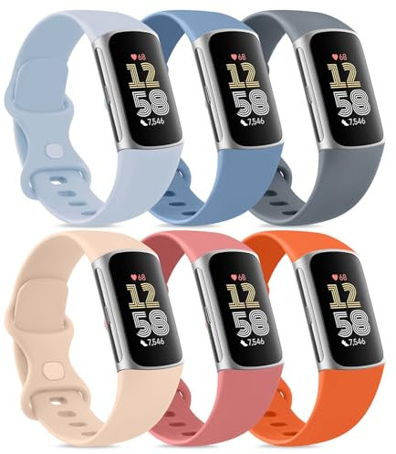 Mugust Pack 6 Strap for Fitbit Charge 6/5 - Silicone Sport Classic Soft Replacement Band for Women Men (Pack G, Small)