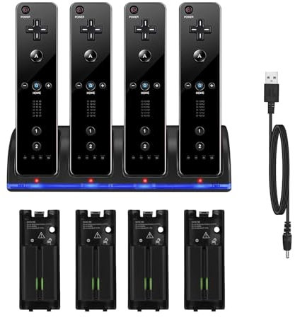 Stazione di Ricarica per Controller Wii, con 4 Batterie Ricaricabili da 2800 mAh e Indicatori a LED, Caricatore Wiimote per Wii Supporto di Ricarica per Telecomando Wii, Nero