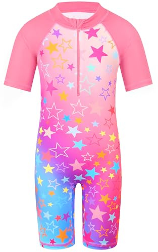 HUAANIUE Filles Maillot de Bain 1 Pièce 2-12 Ans, Anti-UV UPF 50+ Manches Courtes, Fermeture Éclair Frontale, Imprimés Colorés, Idéal pour Plage et Piscine (S459-Étoiles Roses, 10-11 Ans)