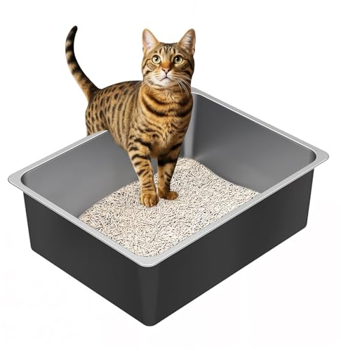 Ohtomber Caja de arena de acero inoxidable – Caja de arena de metal de cara alta para gatos, nunca absorbe el olor, fácil de limpiar, bandeja de arena antiadherente para gatos, suministros para