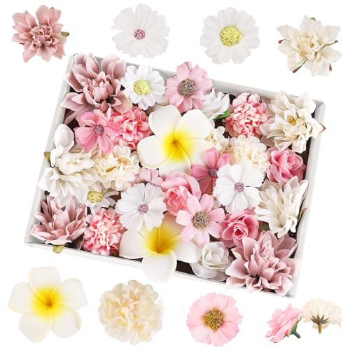 36Pcs Fausse Fleur Decoration Artificielles Deco Gateau Rose et Blanche Petite Fleurs en Tissu Tete + 2 Pinces Fleurs à Cheveux, pour DIY Bouquet Scrapbooking Mariage Gâteau Fête Festival Artisanat