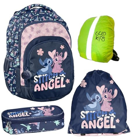 PASO- Schulranzen für Jungen und Mädchen, 4er-Set - Schul-Rucksack für Kinder mit Federmäppchen - Schuhbeutel - Stitch Motiv- 1-3 Klasse