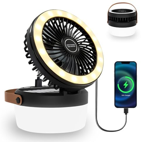 3-in-1 Camping Fan, Portable Solar Fan Rechargeable with LED Lantern, Battery Powered & Solar Camping Fan Light with Hanging Hook for Tent, 3 Speeds USB Fans for Camping Essentials, RV Travel, Outdoor