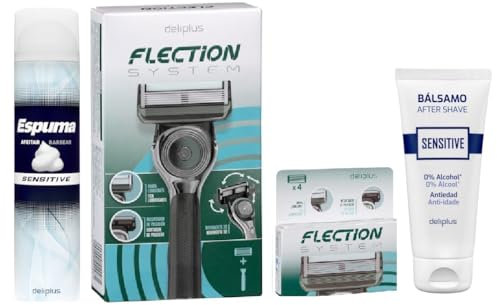 [KIT AFEITADO] Maquinilla de afeitar recargable Deliplus Flection System 6 hojas + 8 Recambios + Espuma de afeitar + after Shave
