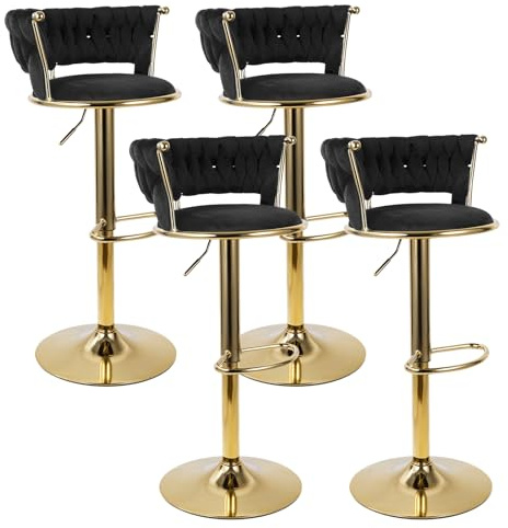 Hawthyhome Barhocker 2er Set, Höhenverstellbar Barstuhl mit Metallrahmen, Ergonomisch Küchenhocker mit geflochtener Rückenlehne für Küche, Hausbar, Gold/Schwarz
