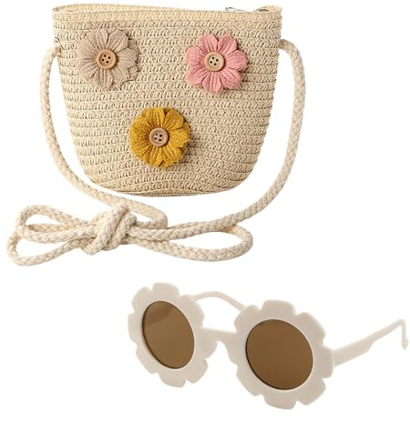 AWAVM Ensemble sac à bandoulière pour filles – Joli sac à main avec lunettes de soleil à fleurs, sac à main tressé réglable pour enfant
