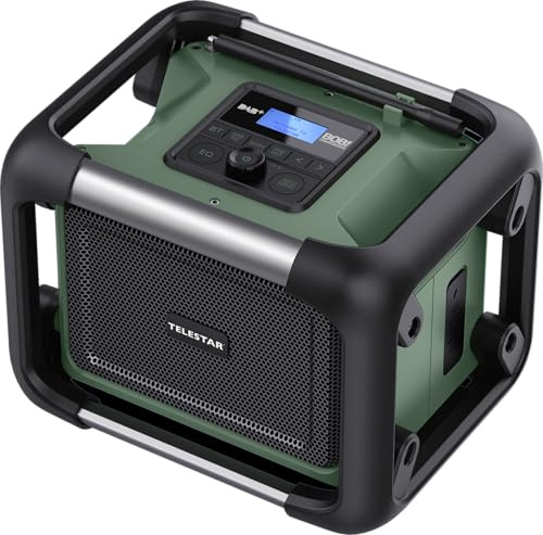 TELESTAR BOBs Rock Radio Outdoor – Baustellenradio, läuft mit Marken-Akkus | Robust, DAB+, Bluetooth Audio-Streaming, für Akkus von Makita, DeWalt, Bosch, Milwaukee, 80 W Stereo, USB, Akku-/Netzbetrieb