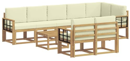 vidaXL Outdoor-Sofagarnitur mit Kissen 9 pcs Weiß und Creme Polyester, Stylisches Außensofa, wetterfestes Set, Bequeme Sitzgelegenheit für den Garten, Akazienholz Möbel