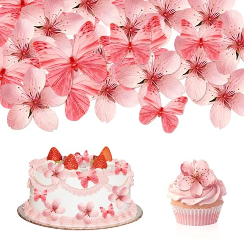 DiiWmme 110 Stück Tortendeko Essbar Blumen Esspapier Kirschblüten Schmetterlinge Torte Deko Reispapier Blüten Zuckerblumen Wafer Paper Torten für Geburtstag Hochzeit Einschulung Cupcake Topper