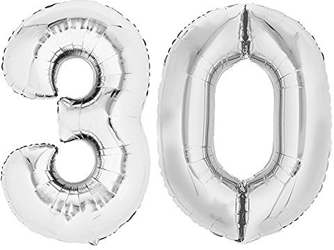 TOP TEN XXL Folienballon 80 cm Silber 30 Zahlenballon, Luftballon, Geburtstag, Heliumballon