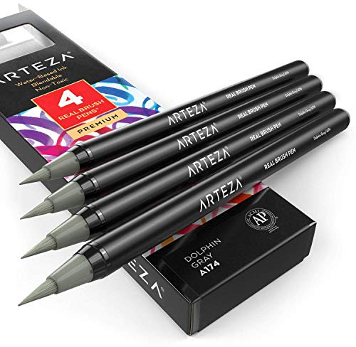 ARTEZA echte Pinselstifte, A174 Delfin-Grau 4er-Pack, Fasermaler mit flexiblen Nylon-Pinselspitzen, hochwertige Malstifte für Aquarellmalerei zum Ausmalen, Kalligraphie und Zeichnen