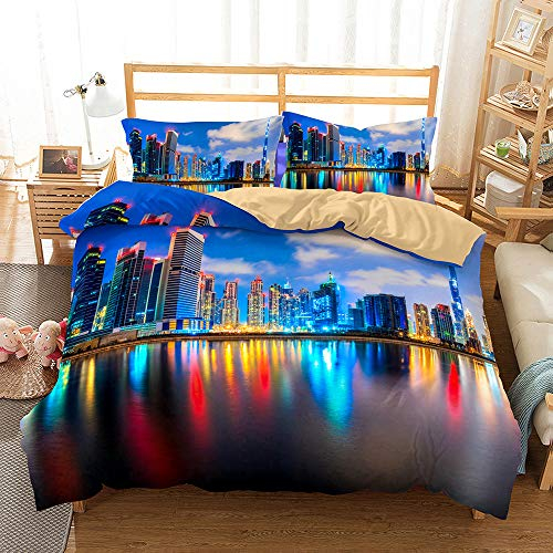 Mateju Bettwäsche Bettbezug Set, 3D Die Stadt Landschaft Bettwäsche-Set 3 teilig weiche Bettbezüge mit Reißverschluss und 50x75cm Kissenbezugfür Jungen Mädchen (180x220cm,Dubai)