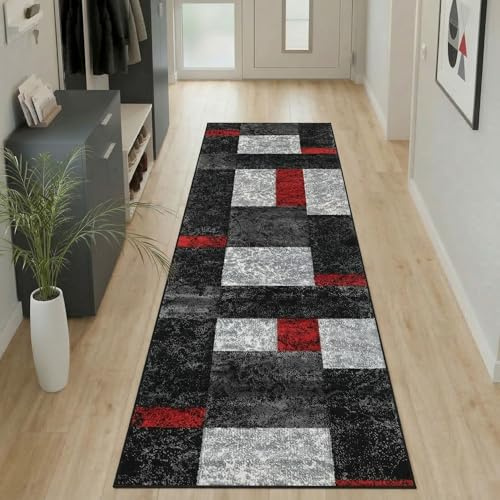 Carpetsale24 Teppich Läufer 80x300 cm Kurzflor Konturenschnitt in Schwarz Grau Rot Kariertes Design, Extra Weich, Waschbar, Pflegeleicht Für Flur, Küche, Wohnzimmer