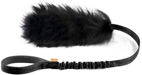 HOWGO Bungee Dog Toy, 100% Sheepskin Tug Rope (Black, Long w/o Ball) | Physical Exercise,Genuine Sheepskin Fur Climbing-Grade Bungee webbing,Interactive Tug and Fetch Toy,All Dog Breeds
