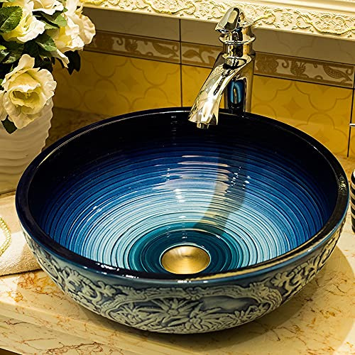 Ambientazione esterna del lavandino della nave - il lavandino rotondo moderno del vaso del bagno sopra il gabinetto - stile cinese blu e bianco dipinto a mano dipinto a mano peach Blossom Vanity Sink