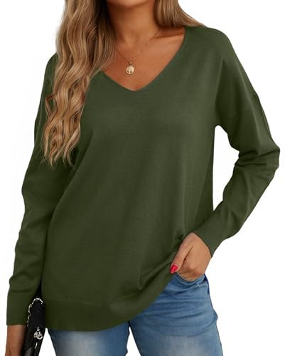 GRECERELLE Women's Casual Jumpers Sweatshirt Ladies Classic Plain Pullover Knit V Neck Long Sleeve Jumper Tops Blouse T-Shirt for Winter Fall Spring (05 Army Green, XL)