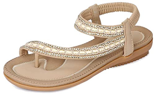 Amissz Sandales Femmes Plates Été Chaussures éLastiques Plage BohèMe Strass Fleurs Femme Confortable PU Tongs Orteils SéParateurs Style 1 Abricot 42 EU