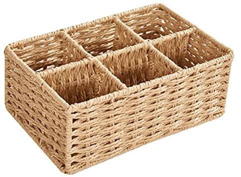 Woven Storage Basket, 6 Compartment Wicker Tea Bags Holder Countertop Rattan Sugar Packet Container Decorative Coffee Condiment Organizer Divided Basket Sundries Organizer for Shelf, Desktop, Drawer