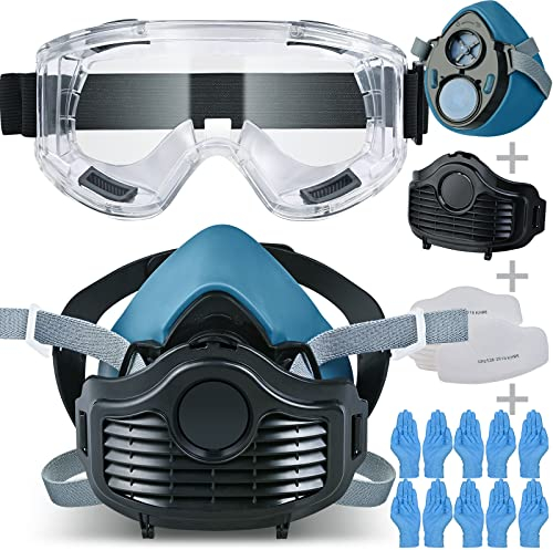 Faburo Máscara Respiradora para Proteger del Polvo, el Gas, la Pinatura,Máscaras Respiratoria Reutilizable con Guantes, Filtro Carbon Activo y Gafas Proteccion Trabajo
