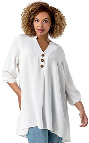 Roman Curve Button Detail Tunic Top for Women UK - Ladies Spring Everyday Summer Holiday Notch Neckline Comfy 3/4 Sleeve Soft Relaxed Fit Shirt Vacation Blouses - Plus Ivory - Size 20