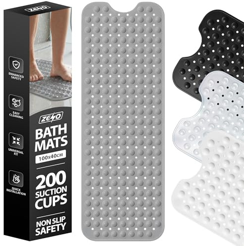 ZENO Bath Mat 100x40cm | Non-Slip Anti-Mould | 200 Suction Cups with Drain Holes | Large Rubber | Machine Washable & Durable | Grey