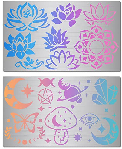 GORGECRAFT 2 Stile Metall Lotus Schablone Blumen Mond Planet Schmetterling Pilz Muster Wiederverwendbare Edelstahl Malvorlage Für Holzschnitzerei Brandmalerei Gravur