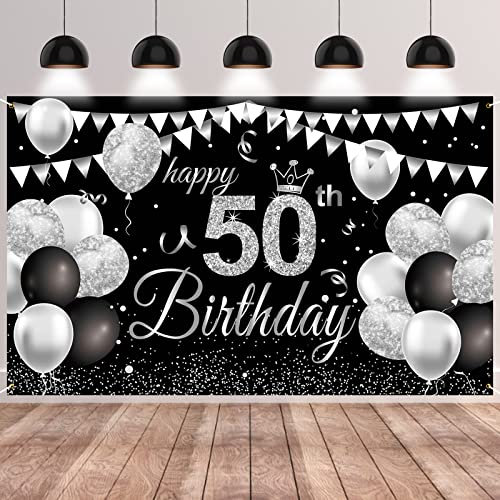 GRESATEK 50. Geburtstag Deko, 50. Happy Birthday Banner für Mann Frau Schwarz Silber 50 Geburtstagsdeko Banner Party Dekoration für Jubiläum Hintergrund Geburtstag Dekoration
