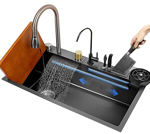 Schwarzes Küchenspülbecken Flying Rain Wasserfall-Spülbecken Unterbau- Oder Einbau-Spülbecken Mit Kleinem Beckenablauf-Set Glasspüler Schneidebrett Und Seifenspender
