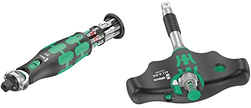 Wera 05004282001 8009 Zyklop Pocket Set Imperial 1, Knarren Satz, 13-teilig, Schwarz-grün & 05023460001 411 A RA Quergriff-Adapterschraubendreher mit Ratschenfunktion, 1/4, 45 mm, Schwarz-grün