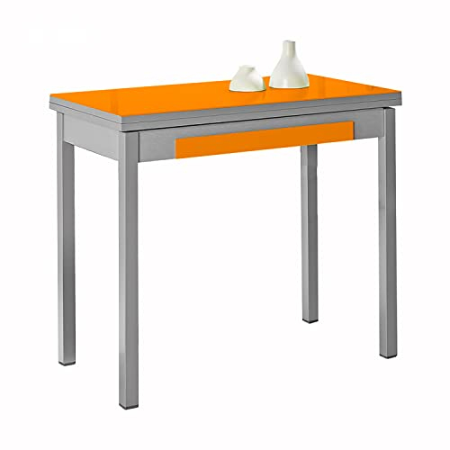 SHIITO - Mesa de Cocina - Extensible con Forma de Libro - 80 x 40/80 x 76 cm - con 1 Cajón Inferior para Guardar Cubiertos - Estilo Moderno - Naranja