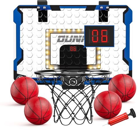TEMI Indoor Basketball Reifen für Kinder, LED Licht Tür Basketballkorb, Mini Basketballbrett mit elektronischer Anzeigetafel 4 Bälle, Outdoor Geschenk für 5 6 7 8 9 10 11 12 Jahre alte Junge Kinder
