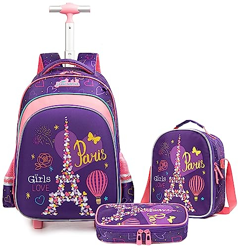 Egchescebo Mochilas Escolares con Ruedas Carro Niña Pilones de Concha Dura Mochila Carrito para Trolley Escolar Bolso Viaje Estuche Stitch Mujer Maleta Colegio Medianas Infantil Niñas 17” 3pcs Morado