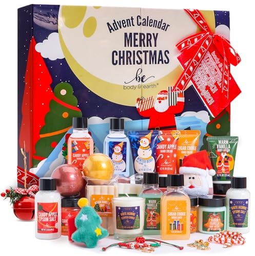 BODY & EARTH Weihnachtsgeschenke Adventskalender 2024 für Frauen mit 24 SPA Produkten und Accessoires für Weihnachten, darunter Handcreme, Körperlotion, Duschgel uvm, Badesets Weihnachtskalender