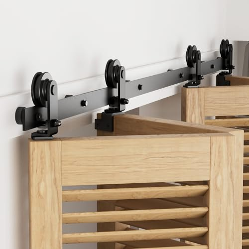 173cm/5.5FT Rail Porte Coulissante Pliante Kit Roulette Suspendue Systeme Noir pour 4 Porte Coulissante Interieur 42cm Large T Roues