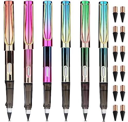Taicols 6 Stück Ewiger Bleistift mit Radiergummi, Tintenloser Permanent Bleistift, mit 12 Auswechselbaren Spitzen, Tragbar Wiederverwendbar Bleistift, Langlebiger Magischer Endlos Bleistift