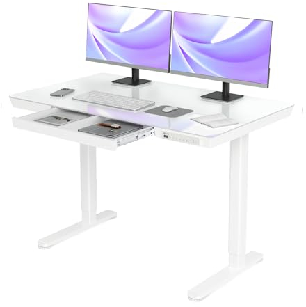 Claiks Glass Standing Desk with Drawers, 120×60 cm Adjustable Stand Up Desk, Quick Install Home Office Computer Desk with USB Ports, White