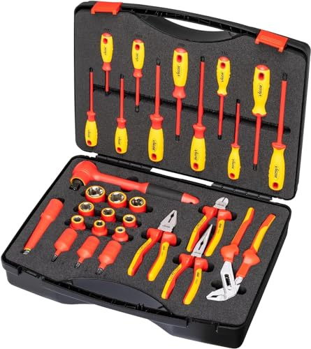 ViGOR - VDE Werkezugkoffer V5632 I Für Einsatz mit Strom/an elektrischen Anlagen/Geräten I 29-teilig mit isolierten Werkzeugen I bis zu 1000/1500 Volt Wechselspannung/Gleichspannung